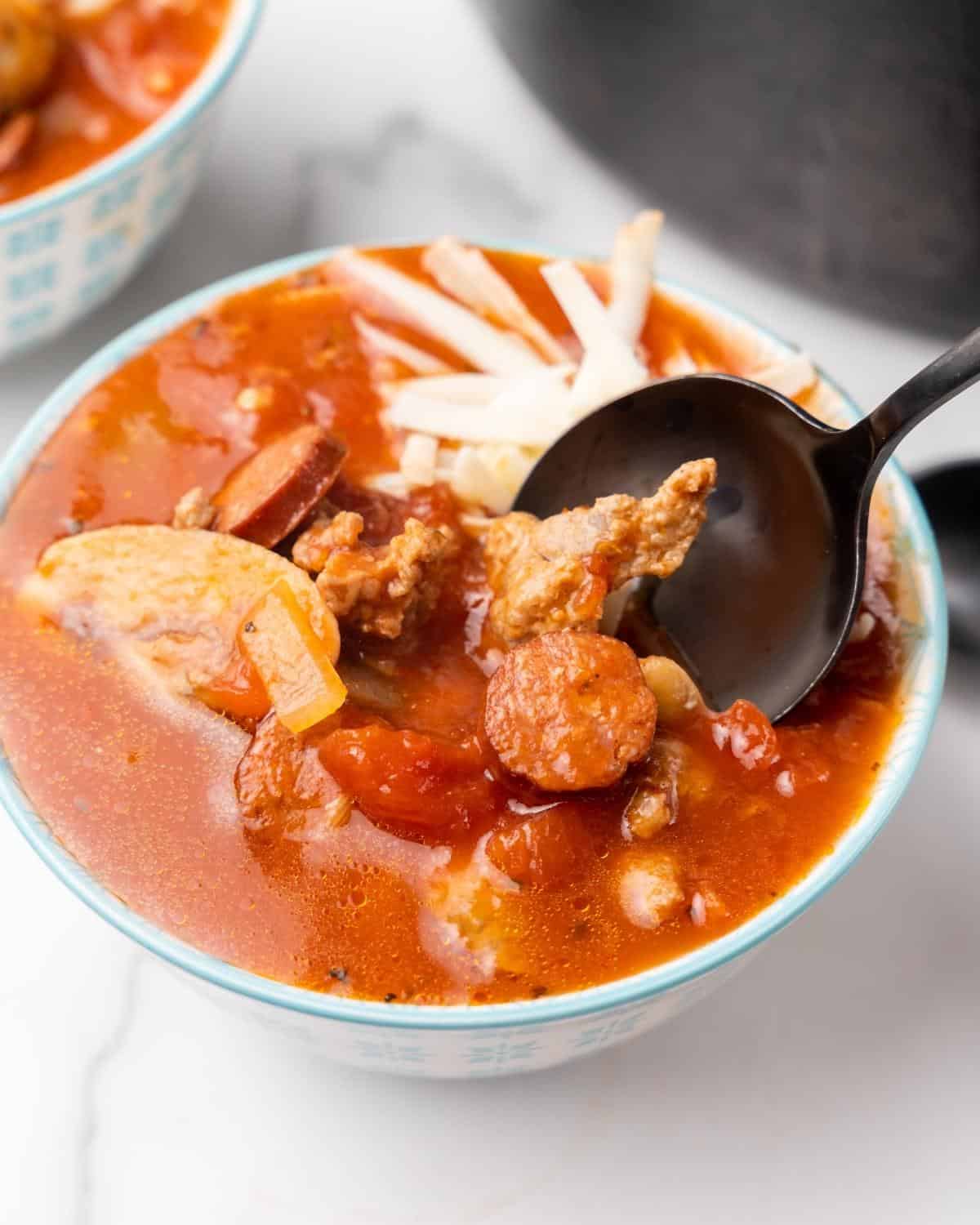 pizza soup in a bowl.