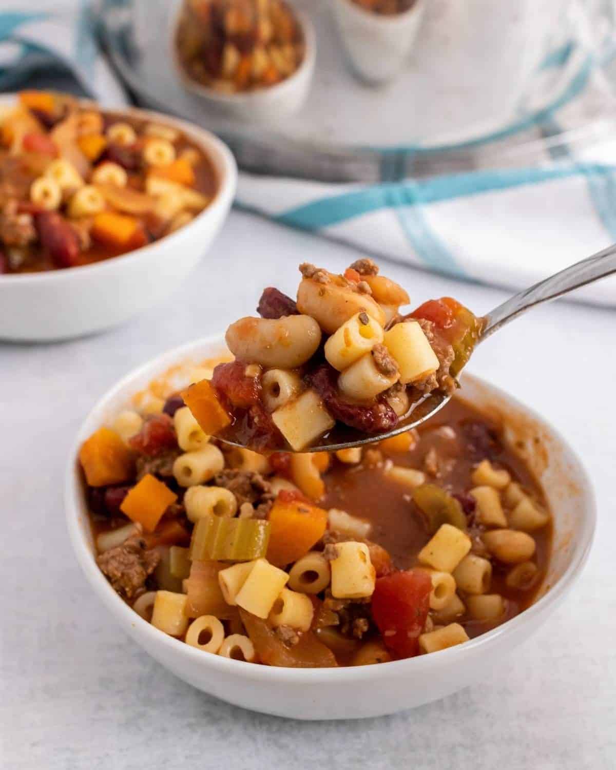 close-up picture of pasta fazool in a bowl.