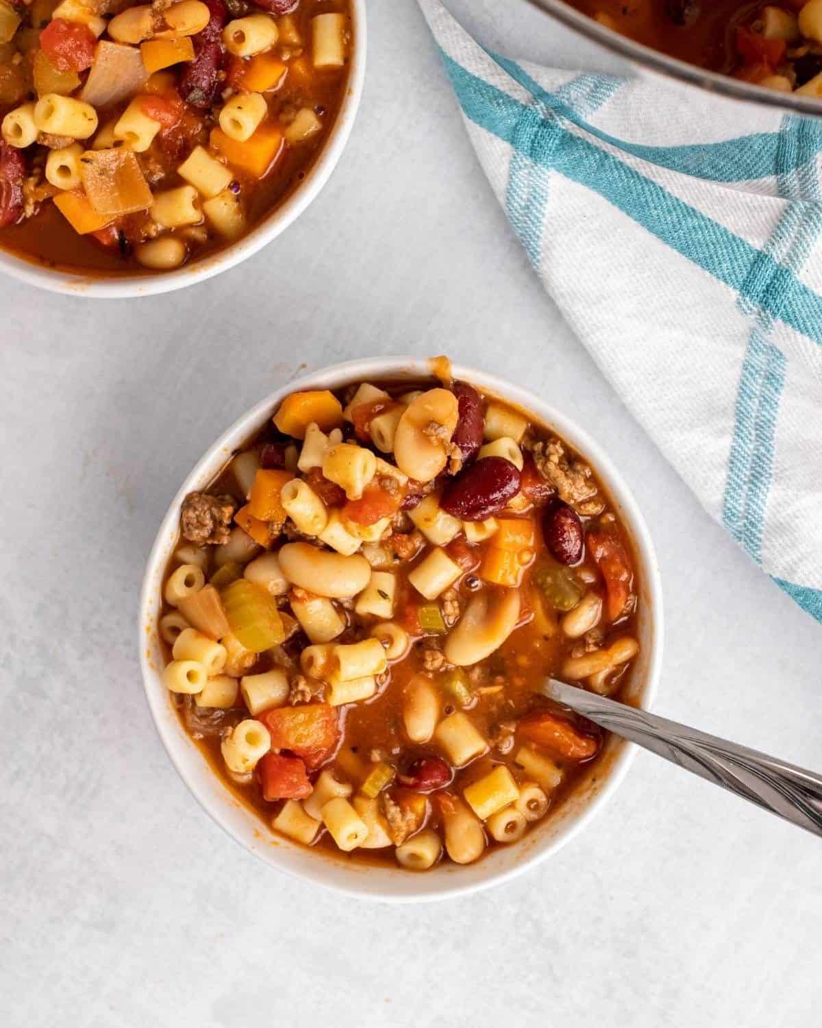 overhead picture of pasta fagioli.