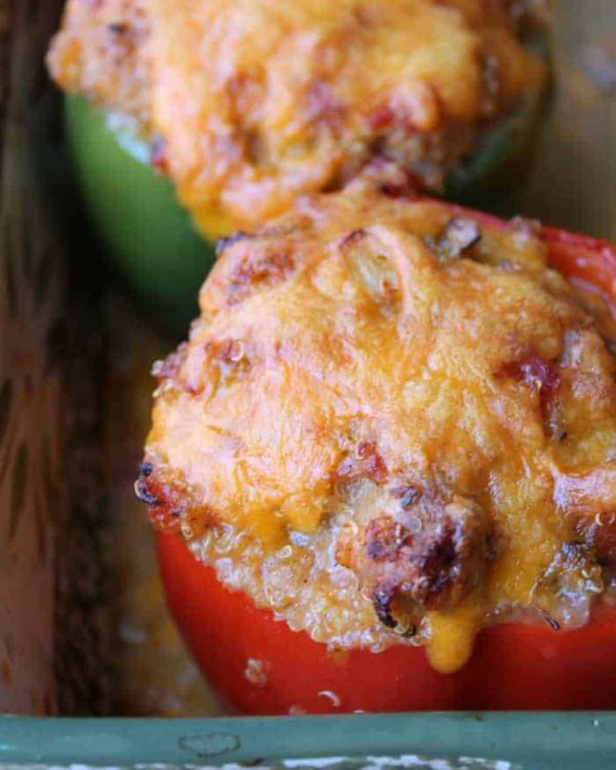 close-up view of quinoa stuffed peppers.