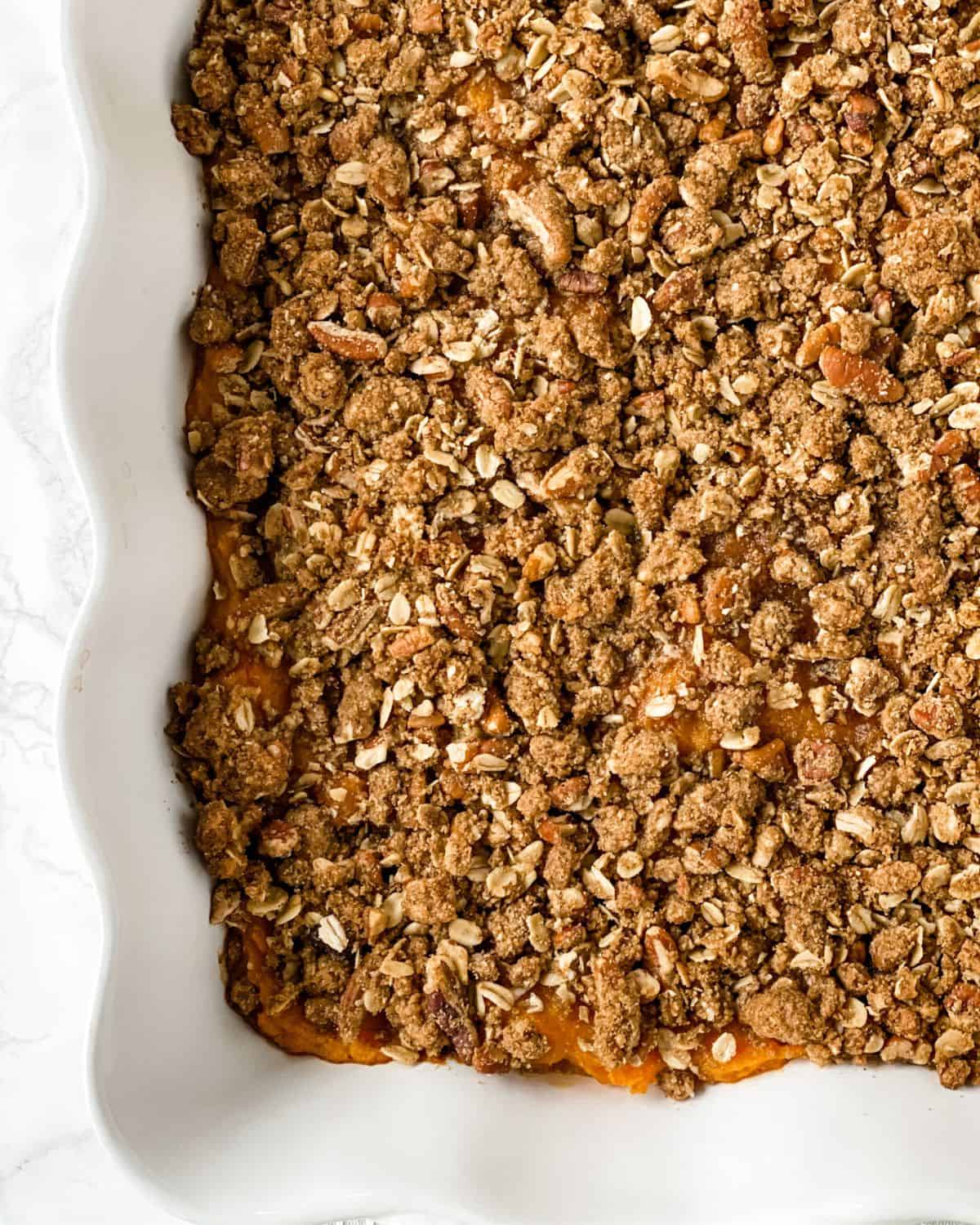 overhead view of cooked sweet potato casserole.