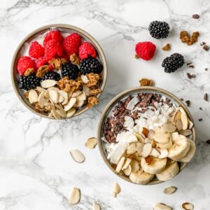 overhead view of yogurt bowls