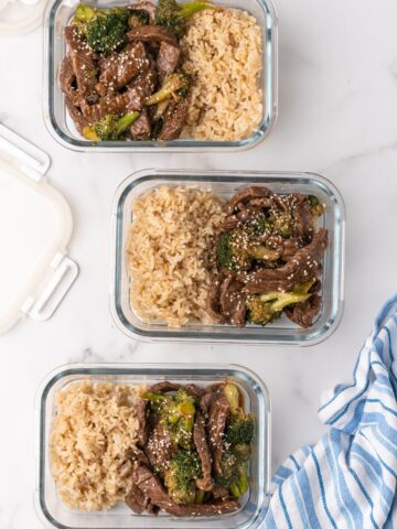 overhead view of beef and broccoli meal prep