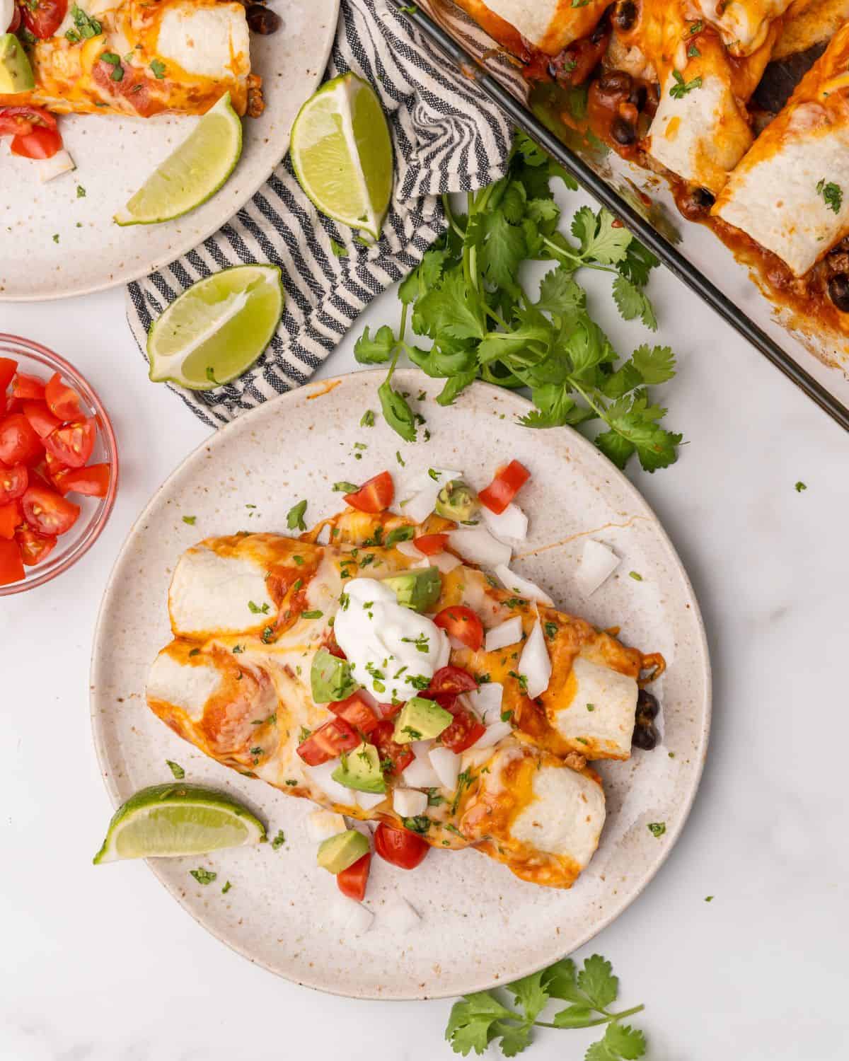 overhead picture of two turkey enchiladas on a plate.