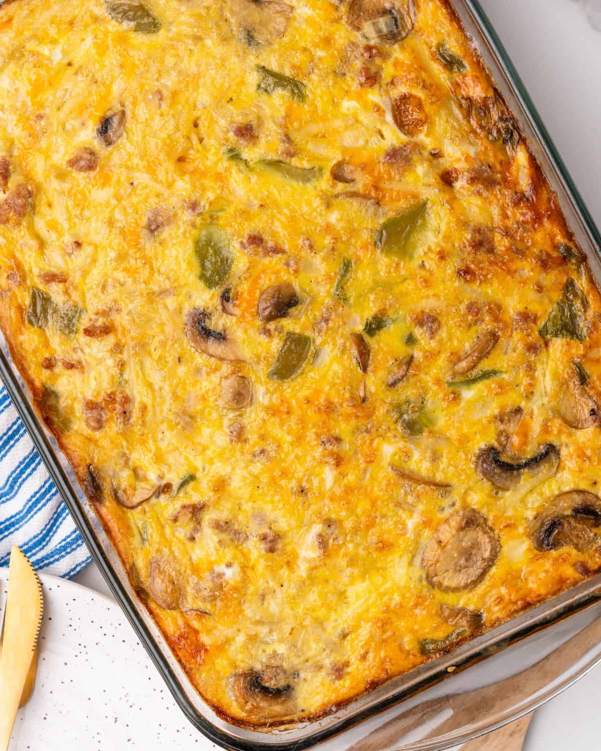 overhead picture of make ahead sausage egg casserole.