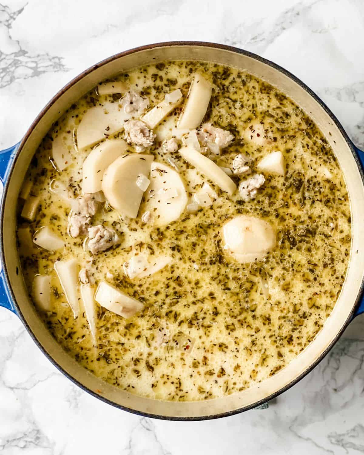 chicken stock and coconut milk in soup pot with the other soup ingredients.