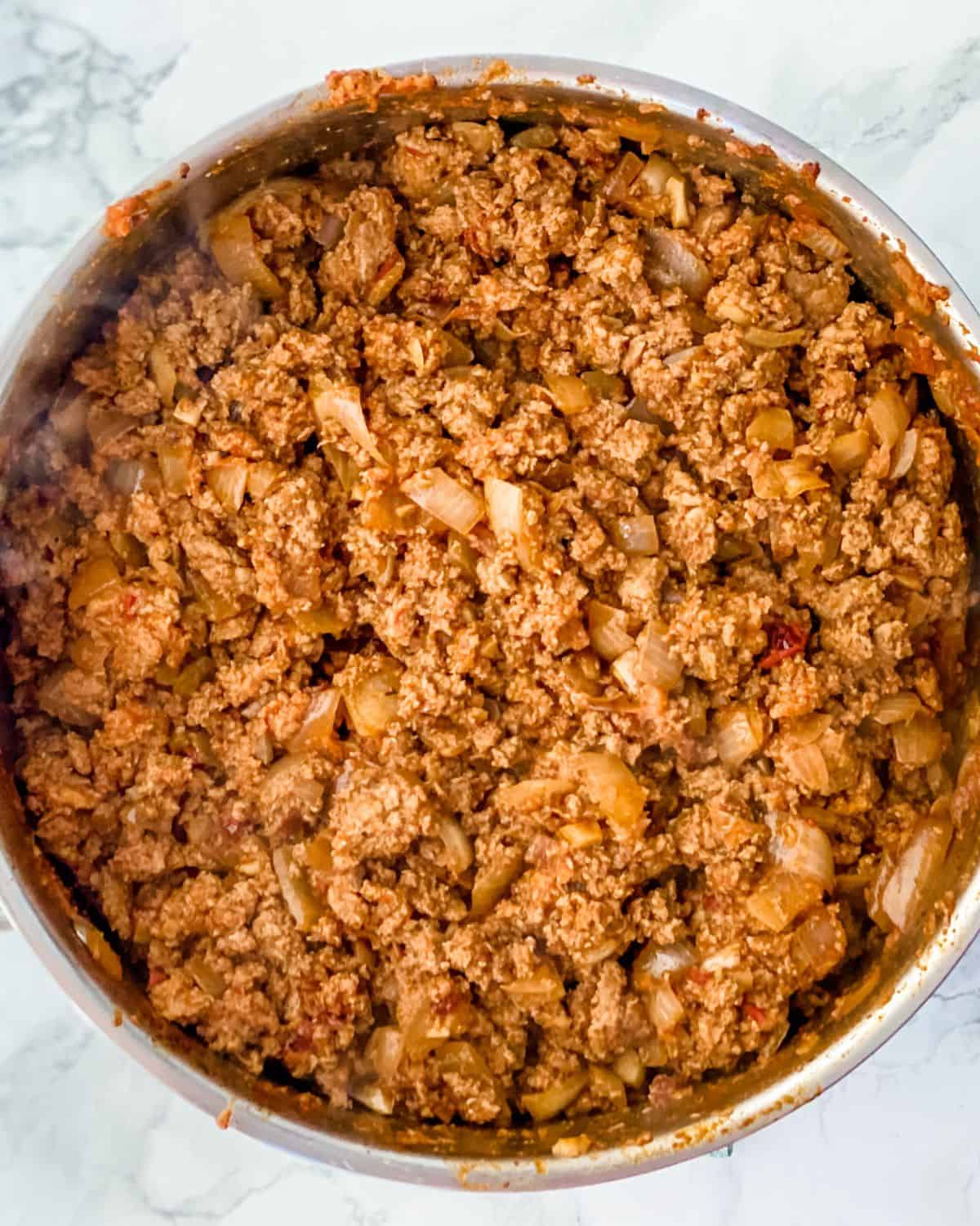 cooked ground turkey with the onions, garlic, and seasonings.