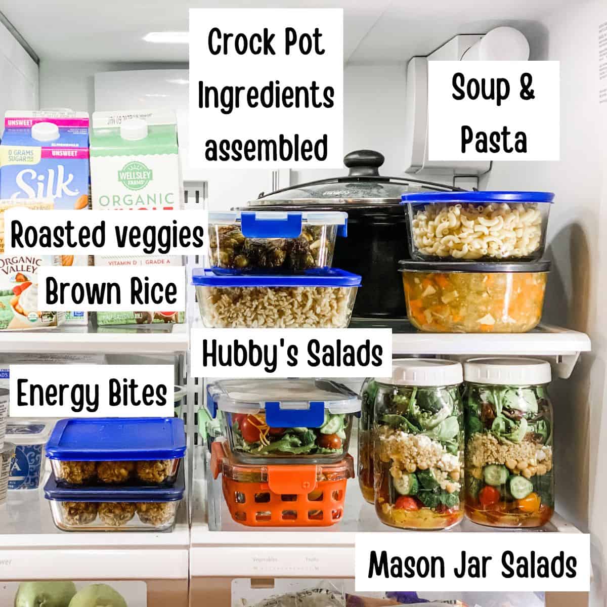 meal prep picture of a refrigerator with food labeled.