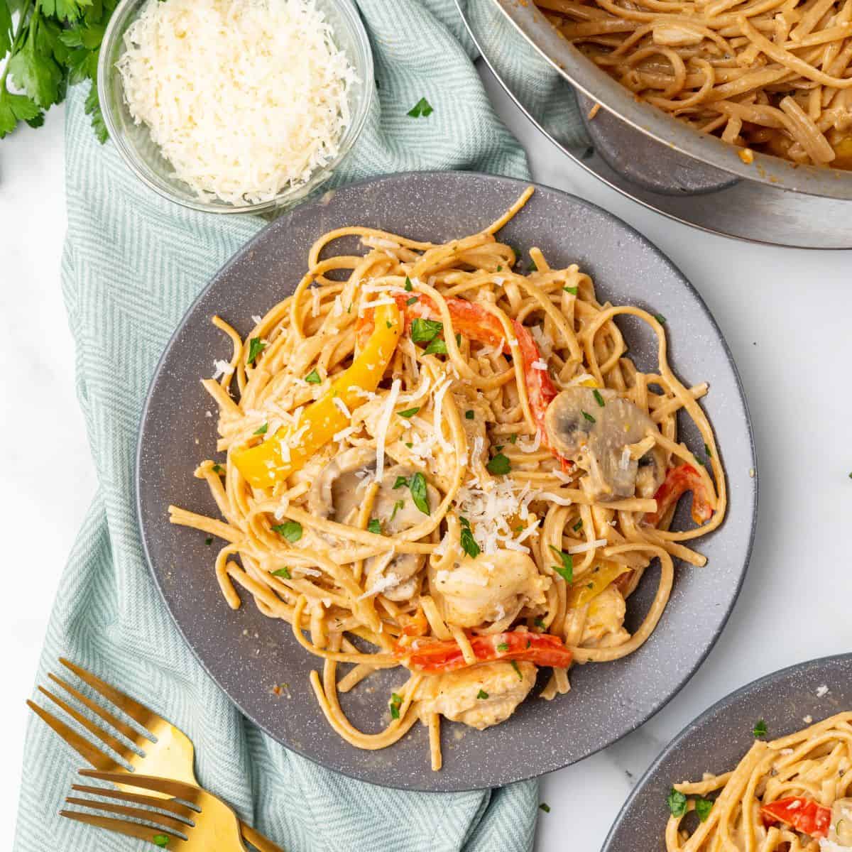 overhead picture of healthy cajun chicken pasta on a plate.