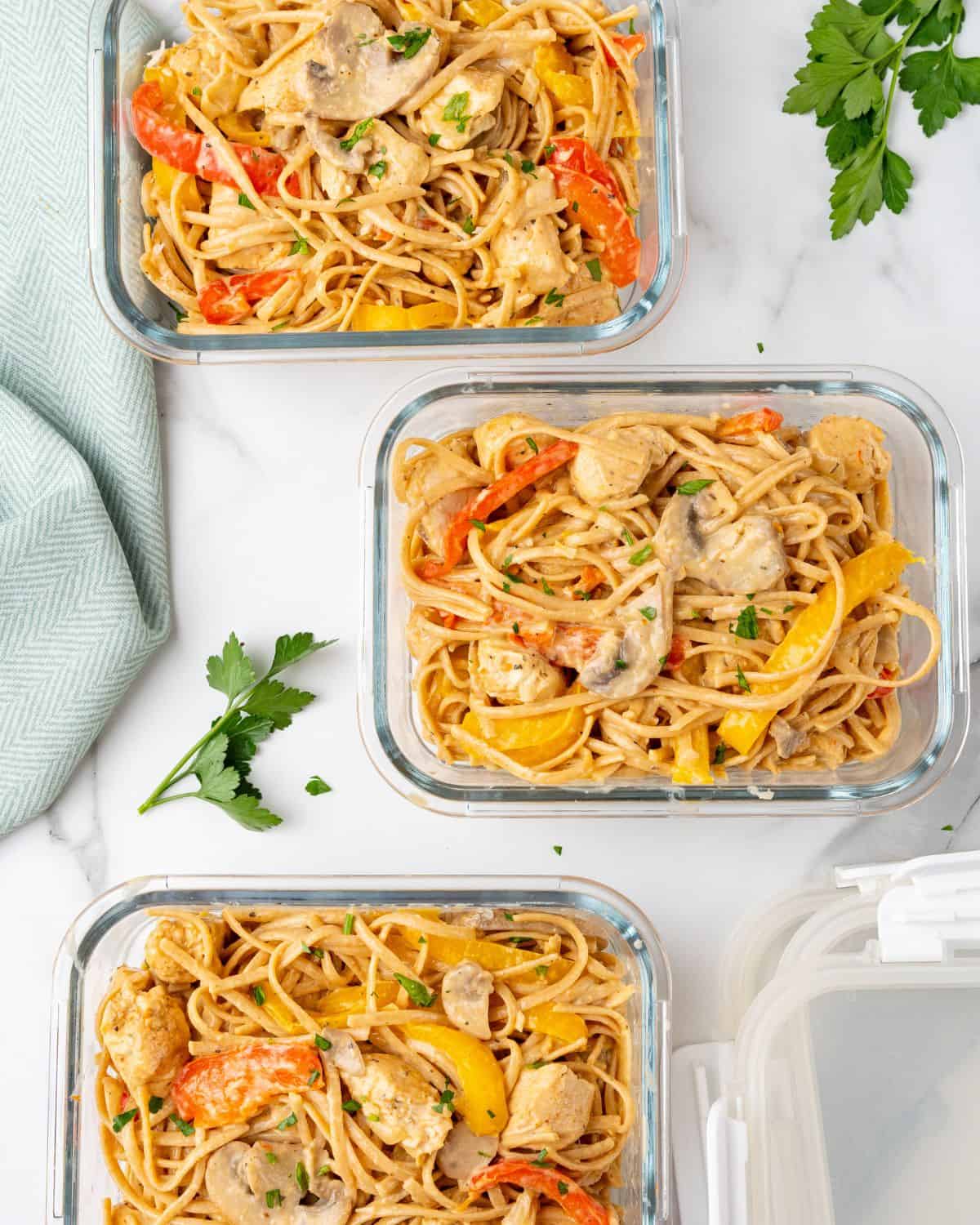 cajun chicken in meal prep containers.