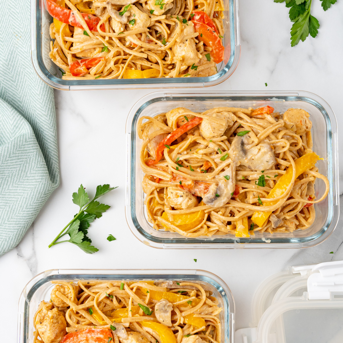 cajun pasta in a glass container.