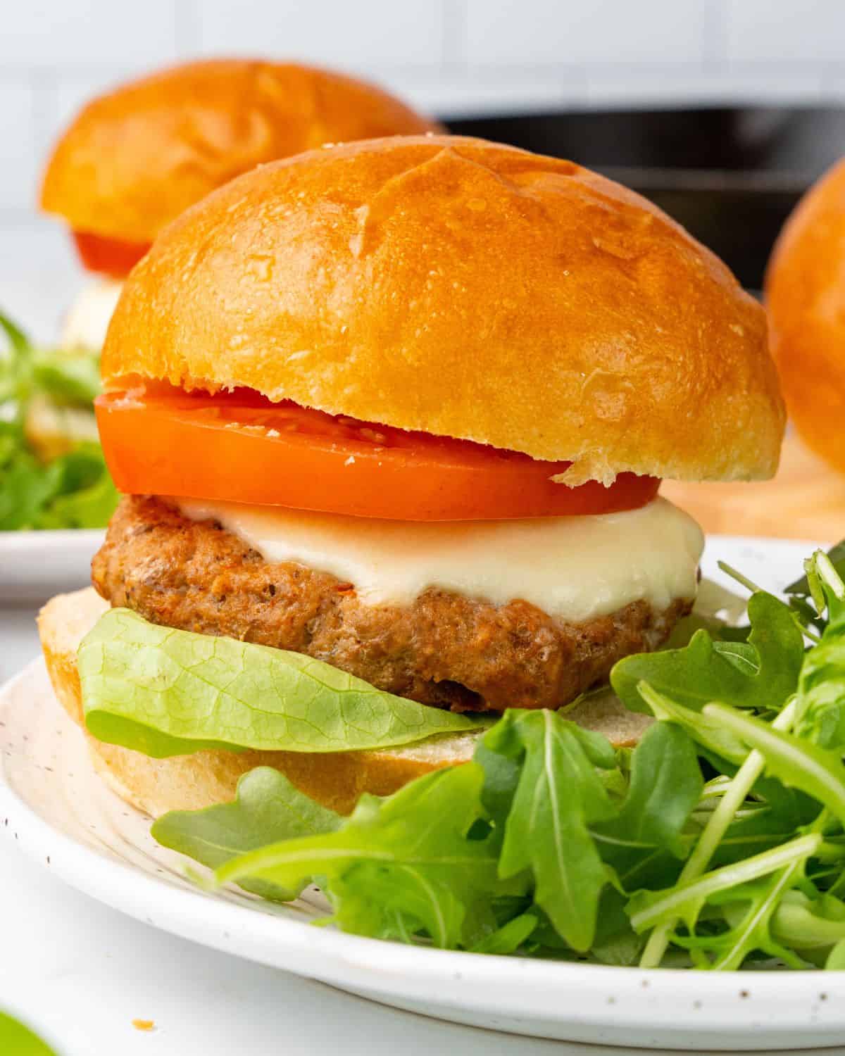 close-up of turkey burger on a bun.