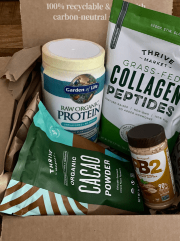 collagen and protein powder in a thrive market box.