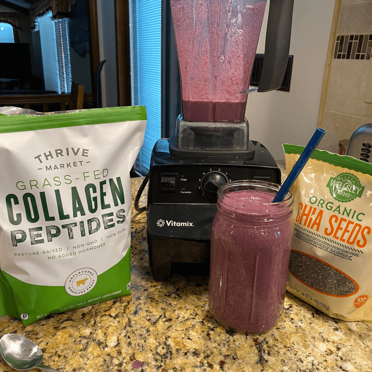 thrive market collagen next to a blueberry smoothie and chia seed bag.