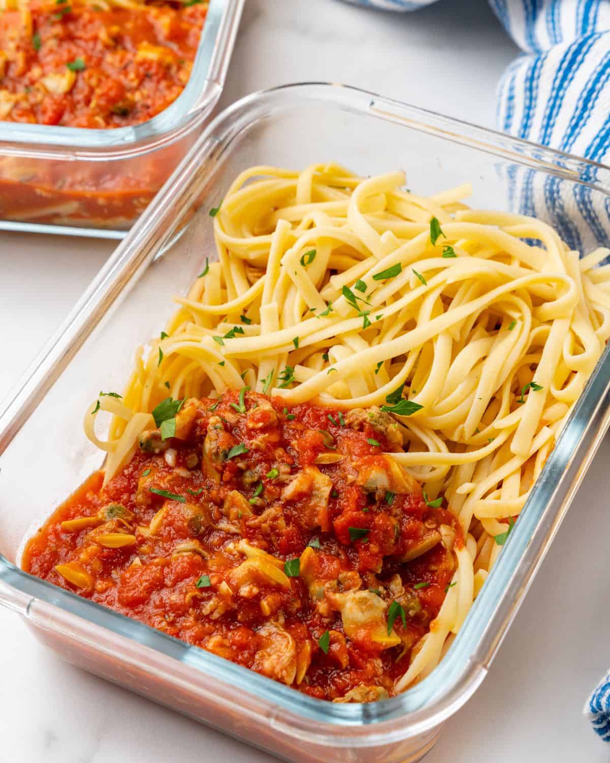 freezer meal with linguine and red clam sauce.