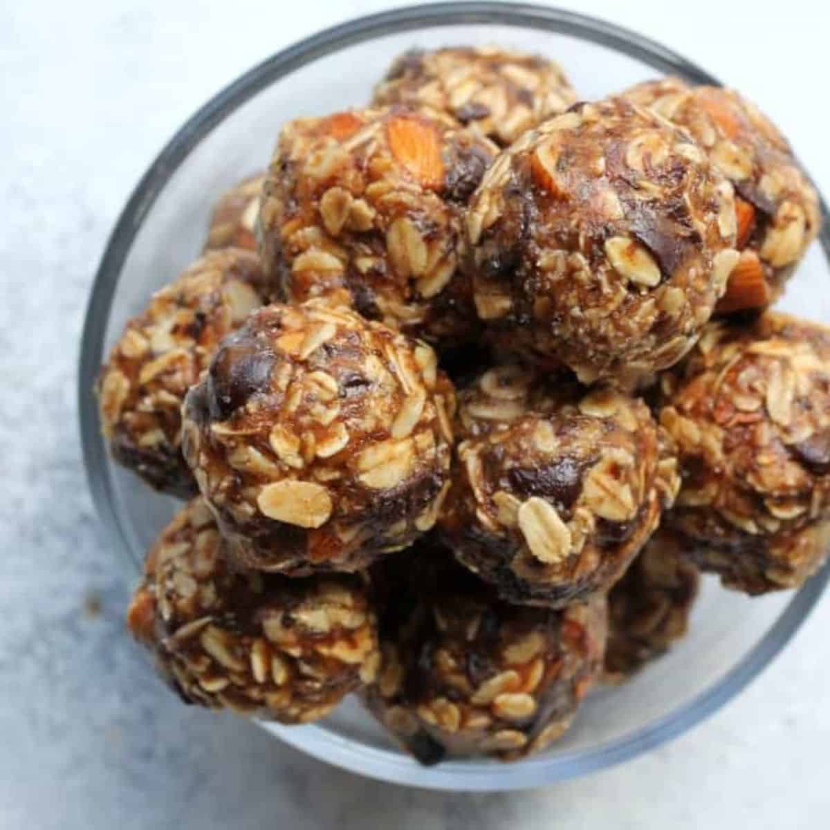 overhead picture of almond butter energy balls.