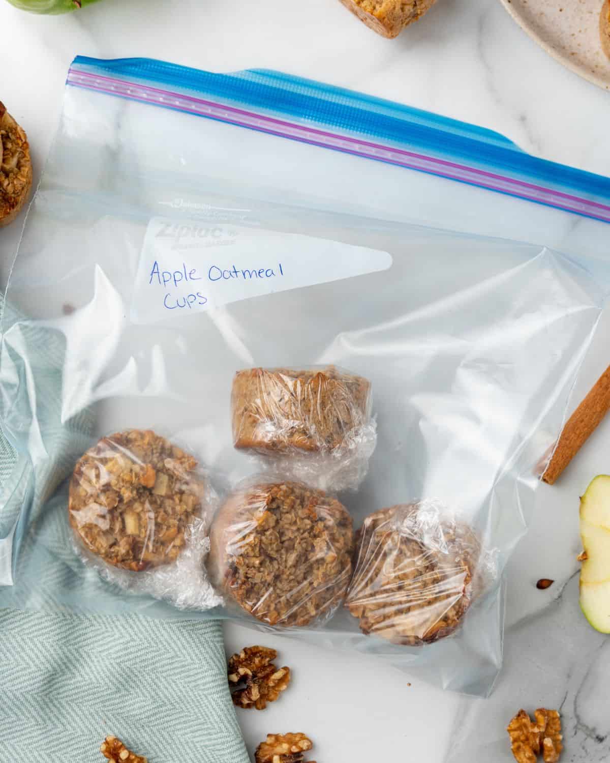 apple cups in freezer bags.