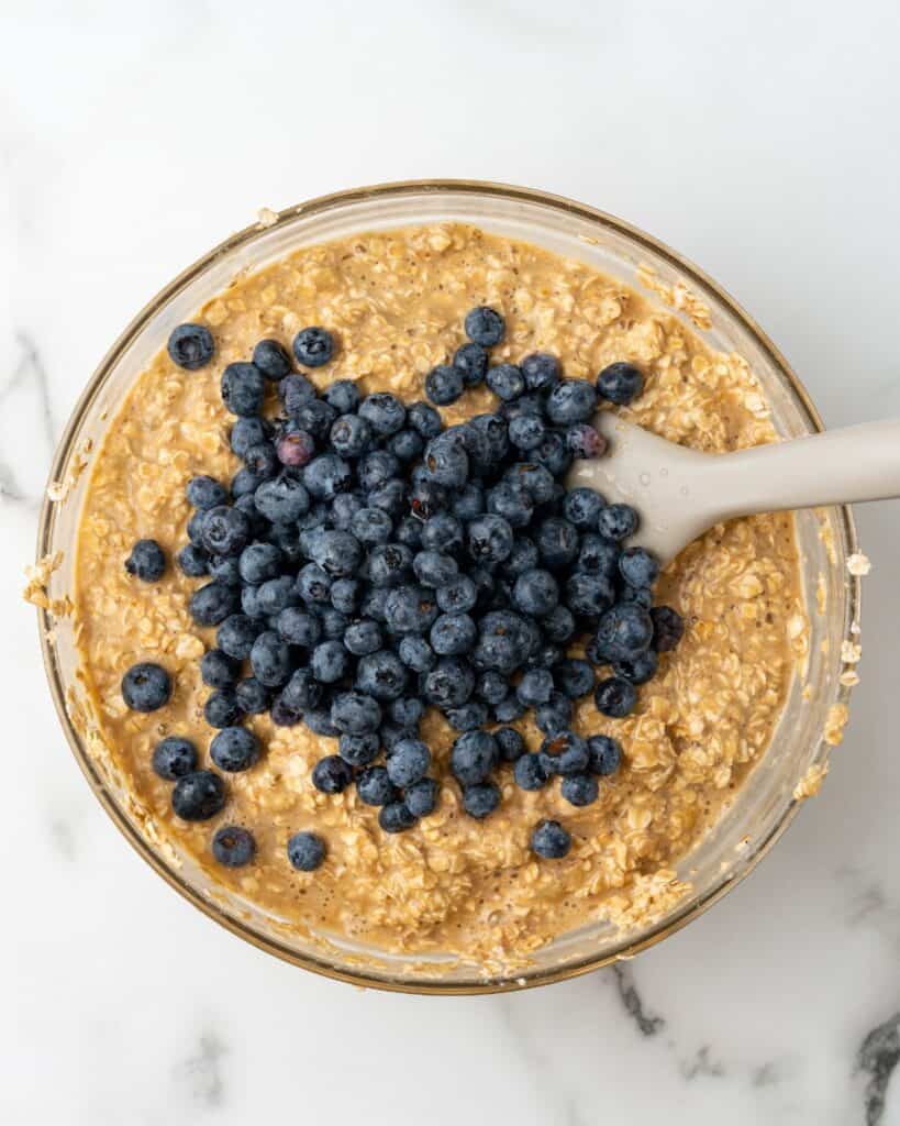 blueberries on top of the baked oatmeal mixture.