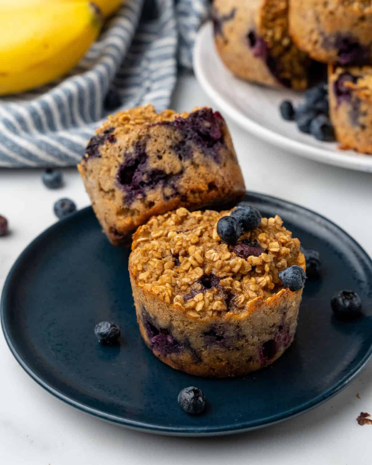 blueberry banana baked oatmeal on a plate.