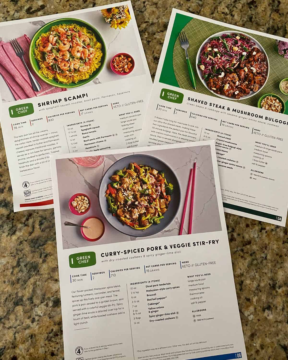green chef recipe cards.