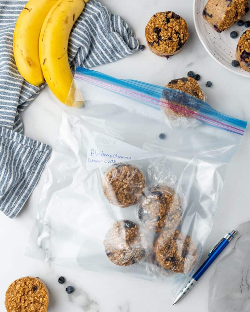 baked blueberry oatmeal in a freezer bag.