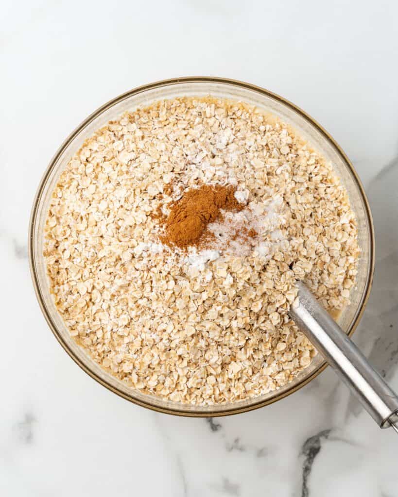 rolled oats on top of the wet ingredients.