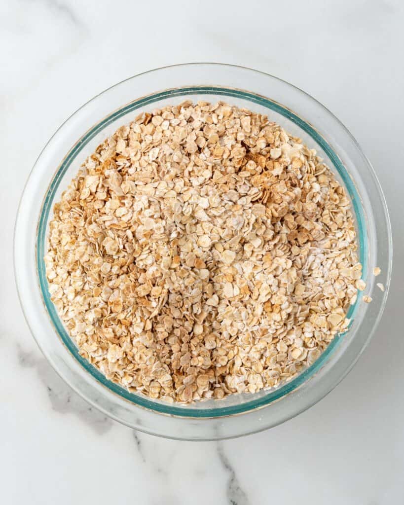 oatmeal cup dry ingredients in a glass bowl.